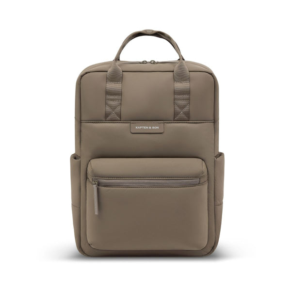 Kapten & Son Bergen Cloud backpack in walnut, front view with twin handles and front zip pocket