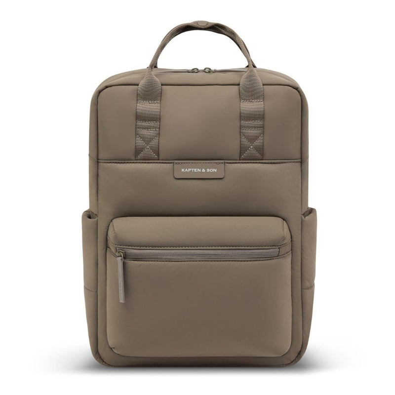 Kapten & Son Bergen Cloud backpack in walnut, front view with twin handles and front zip pocket