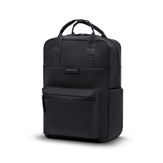 Kapten & Son Bergen Pro Sleek waterproof laptop backpack in all black, matte rubberized PU finish, top handles, 3/4 view