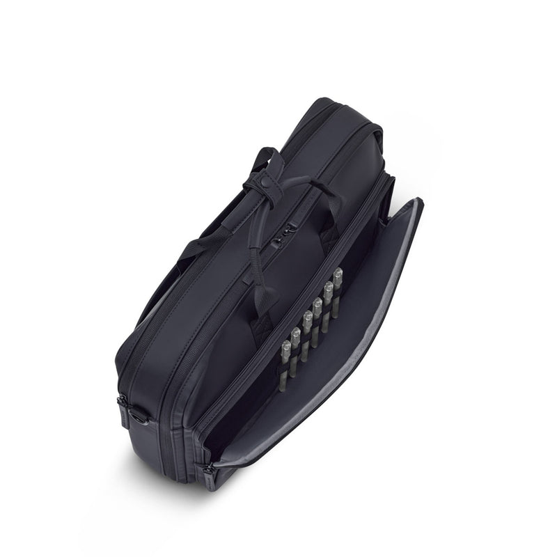 Front compartment of the Bodo Laptop Bag open, with pen loops