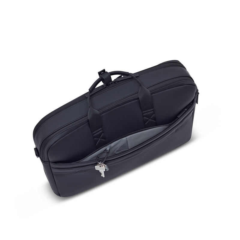 Back zip pocket of the Bodo Laptop Bag open, with key carabiner