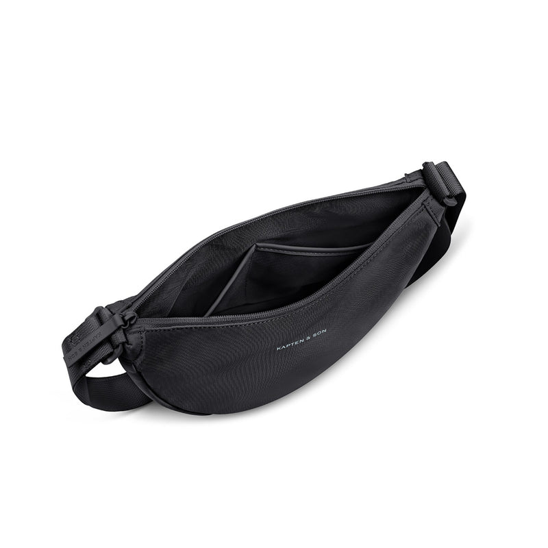 Black Essential Moon Bag open, two inner compartments