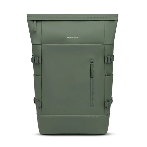 Kapten & Son Helsinki Pro in dusty green with rolltop folded — compact daily carry mode