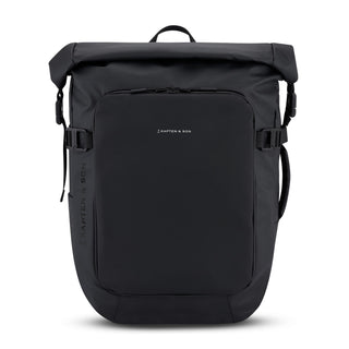 Kapten & Son Lisbon Pro Backpack in black — front view with rolltop and front zip pocket