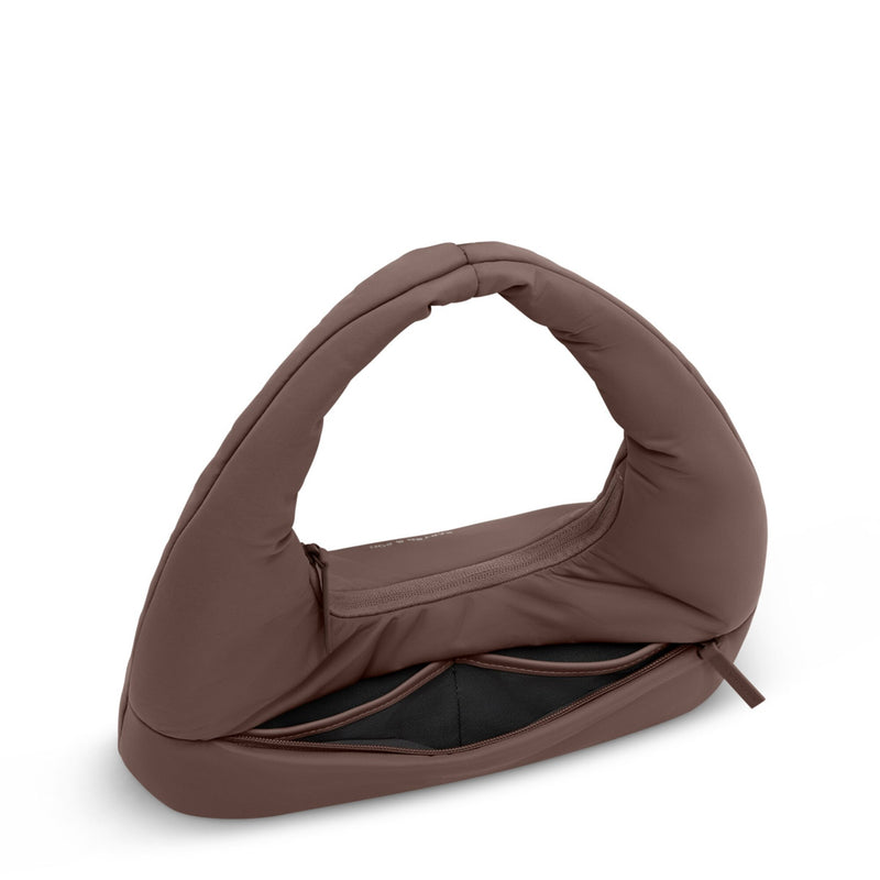 Outer zip pocket opened on the chocolate brown Skara Cloud Shoulder