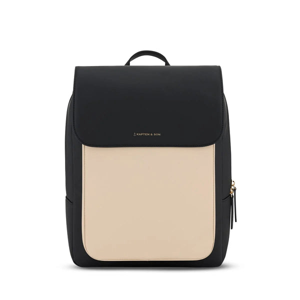 Kapten & Son Tromso Backpack in cream black, two-tone flap backpack with cream front panel and gold logo