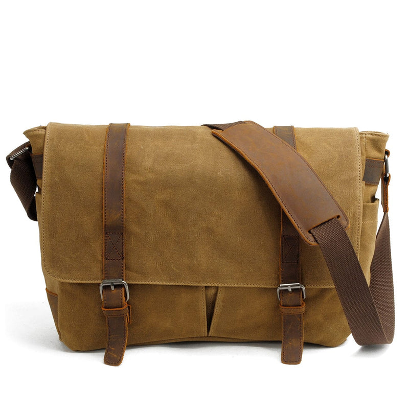 khaki green canvas laptop messenger bag front