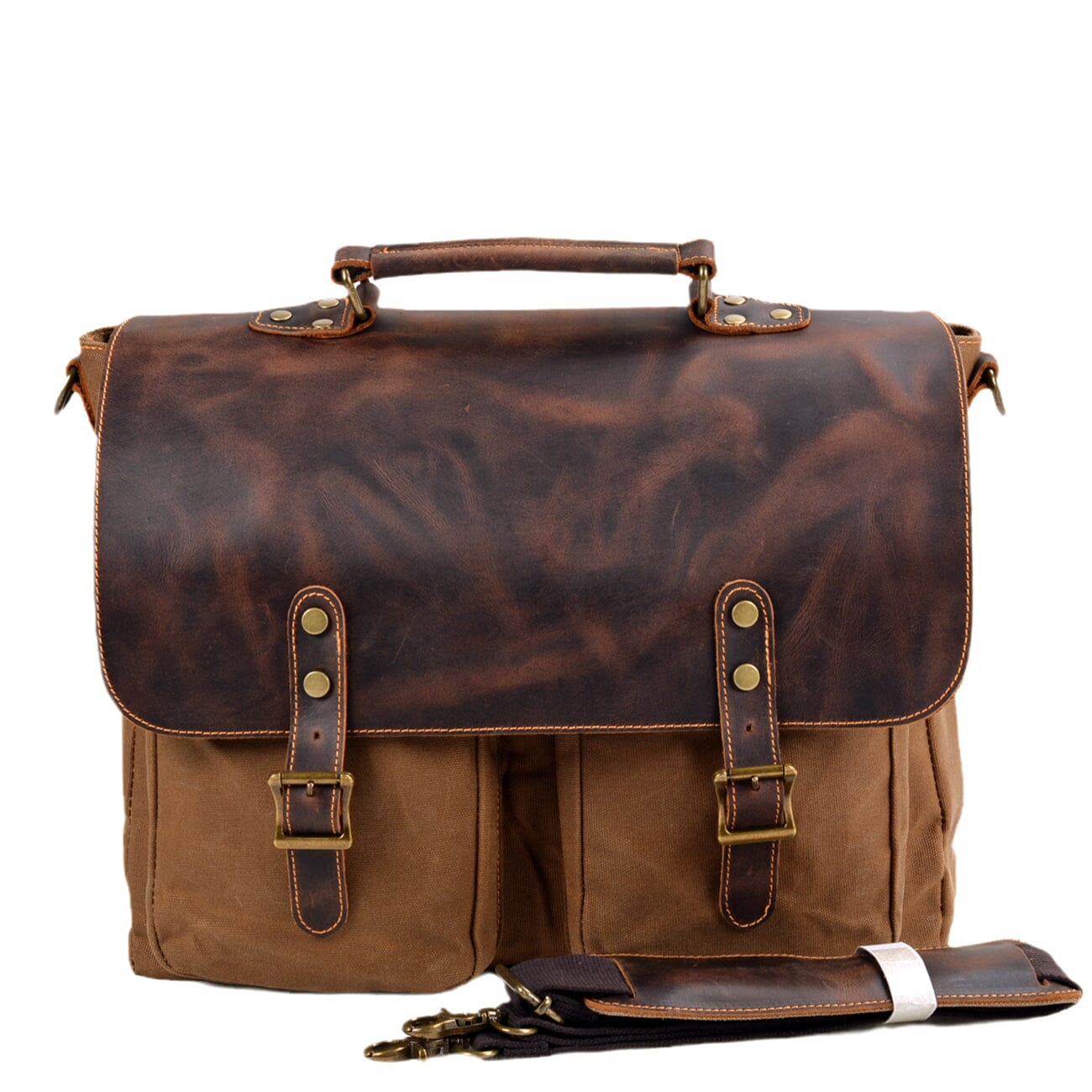 khaki vintage waxed canvas and full grain crazy horse leather messenger bag front white background