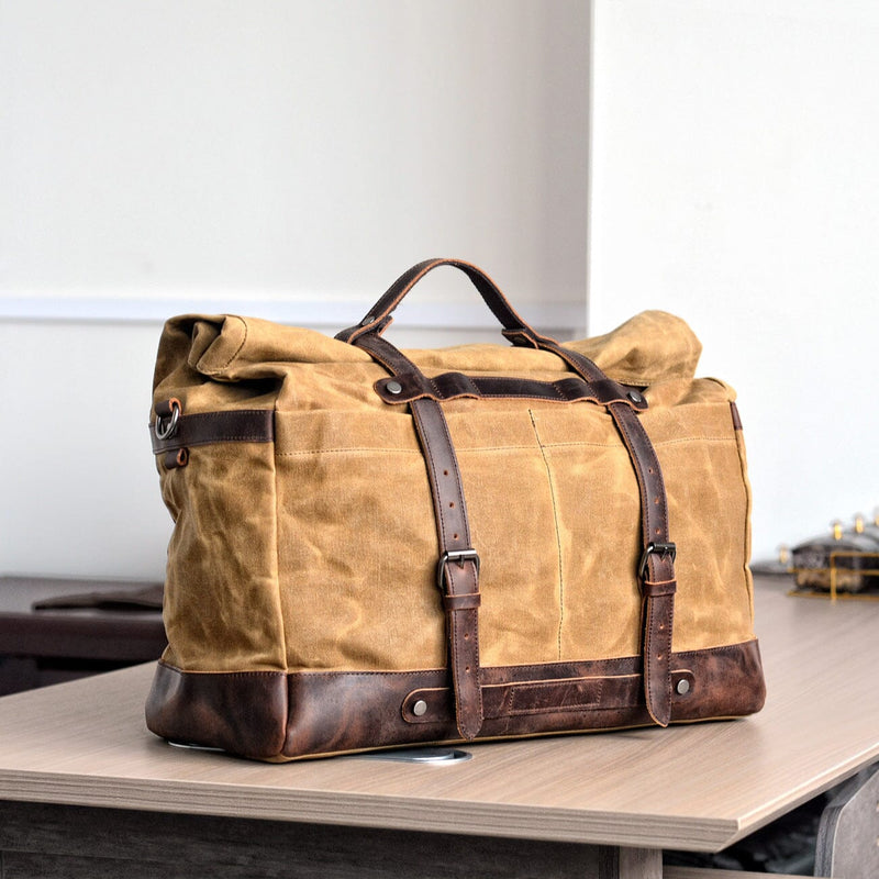 vintage khaki waxed canvas duffle bag