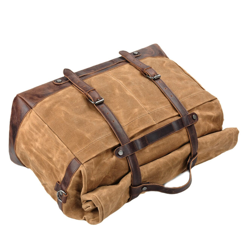 khaki waxed canvas duffle bag top view