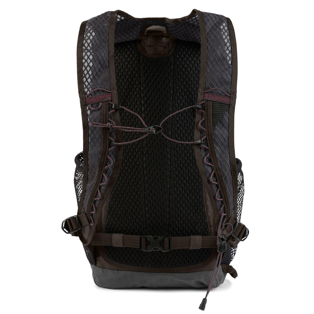 Klättermusen Fjörm Backpack 18L in Slate Brown — back view with 3D mesh back panel and hip belt