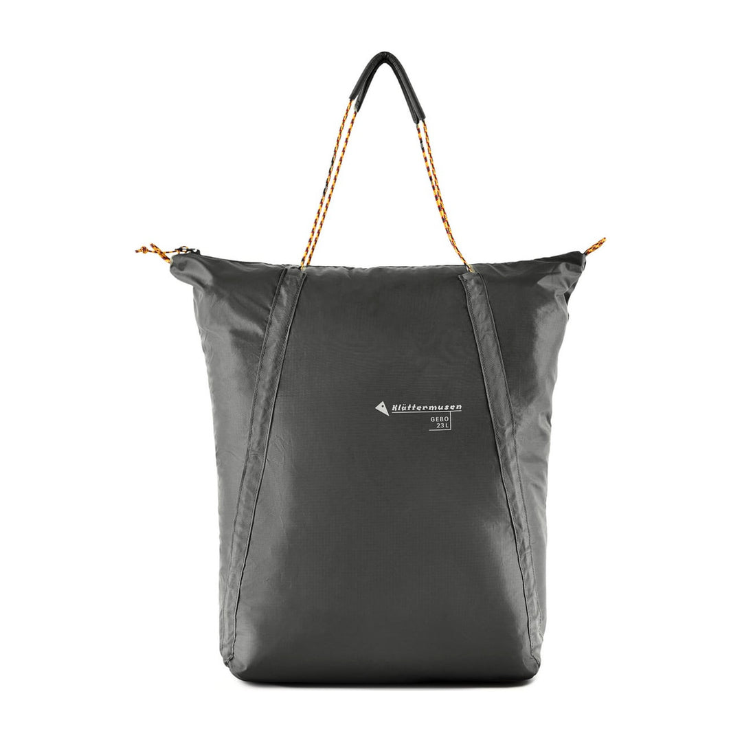 Klättermusen Gebo Bag 23L in Raven, packable tote bag, front view
