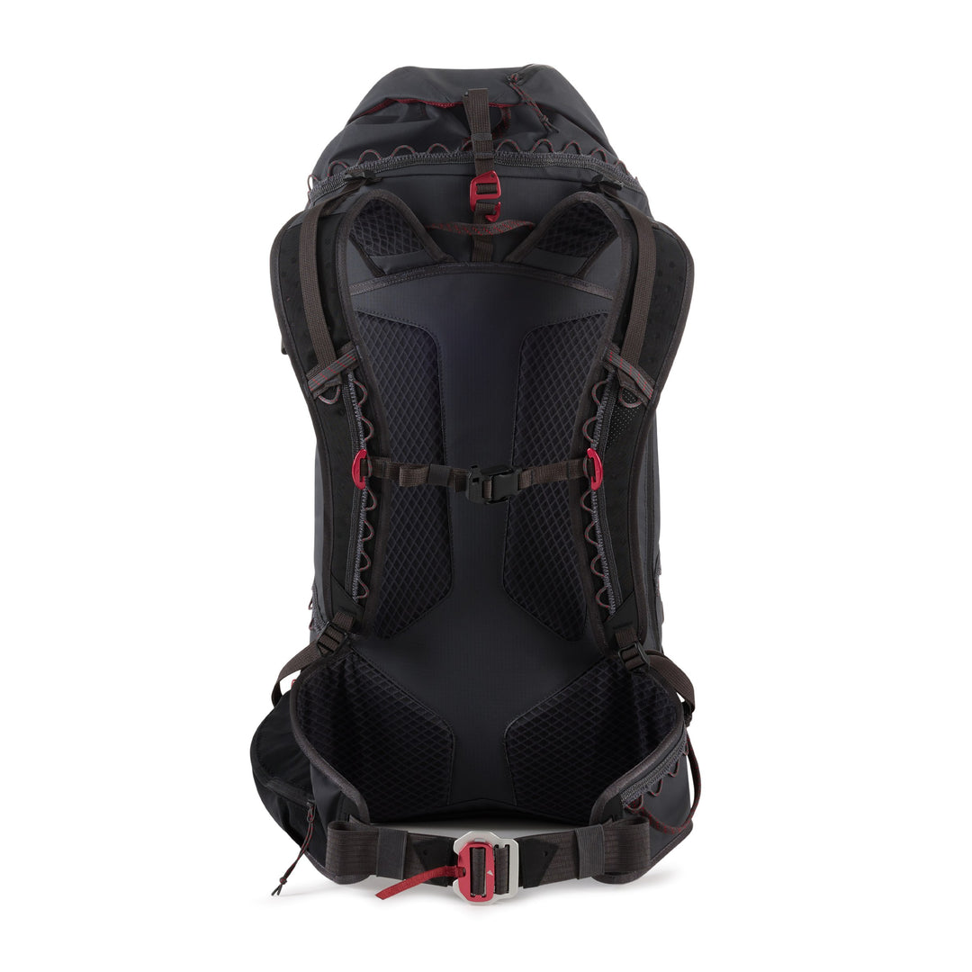 Klättermusen Gyme Backpack 25L in Raven — back view with padded harness, mesh back panel and hip belt