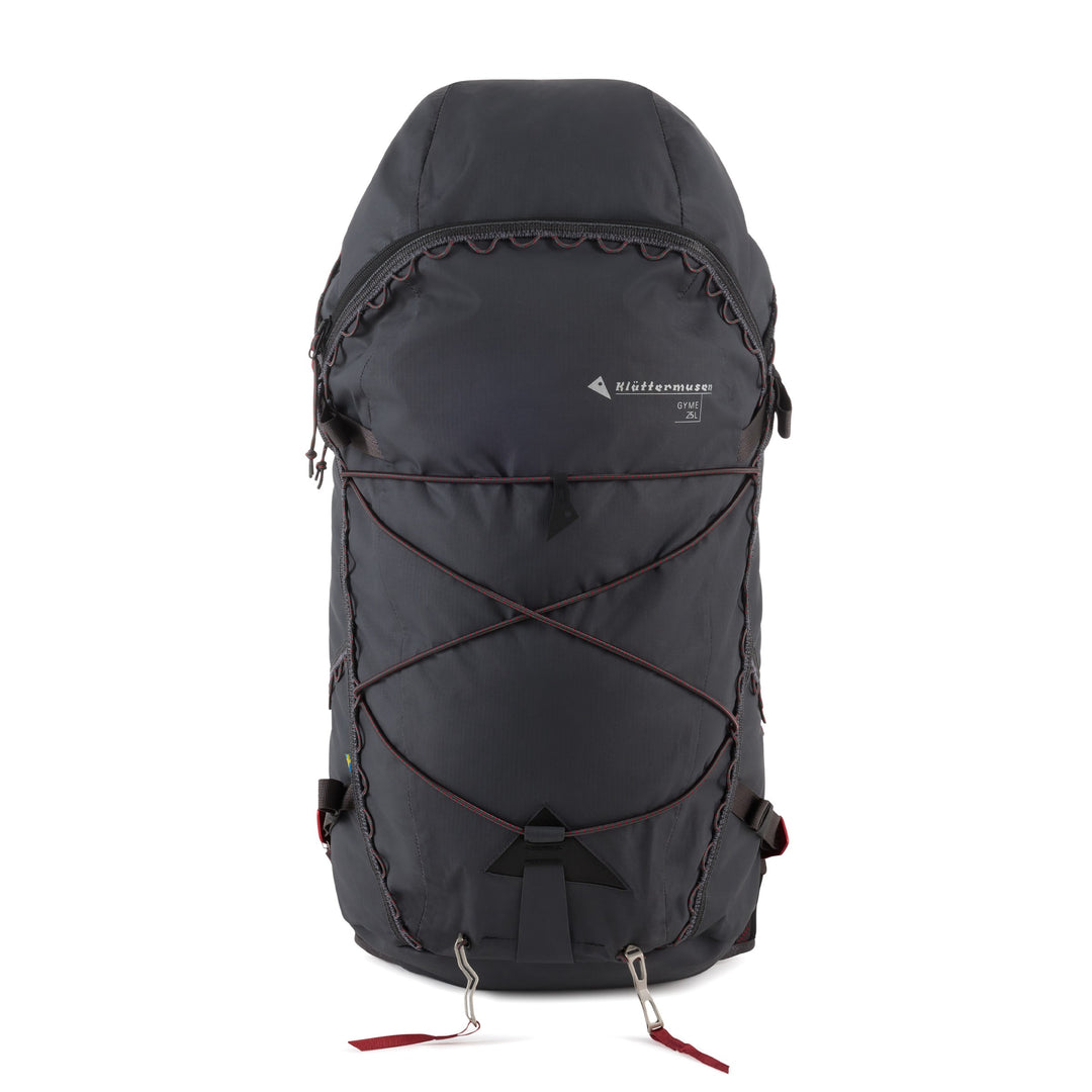 Klättermusen Gyme Backpack 25L in Raven — front view with bungee cord and ski carry loops
