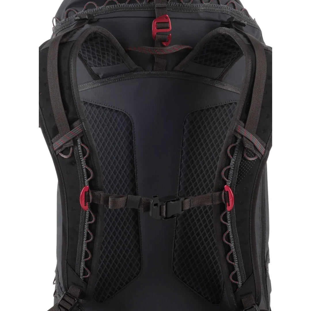Close-up of the Gyme 25L back panel, shoulder harness and sternum strap in Raven