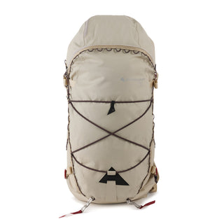 Klättermusen Gyme Backpack 25L in Silver Creme — front view with bungee cord and ski straps