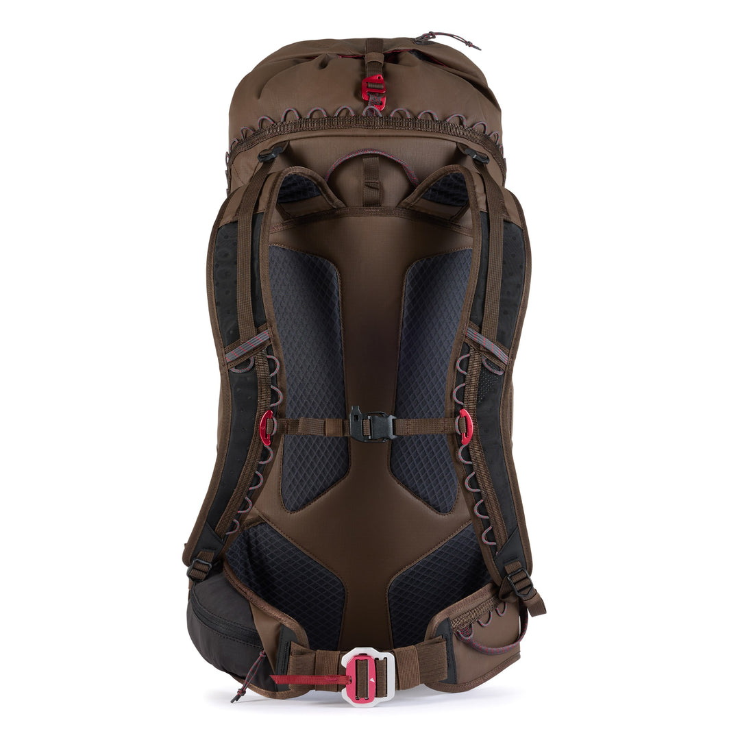 Klättermusen Gyme Backpack 35L in Slate Brown — back view with padded harness, mesh back panel and hip belt