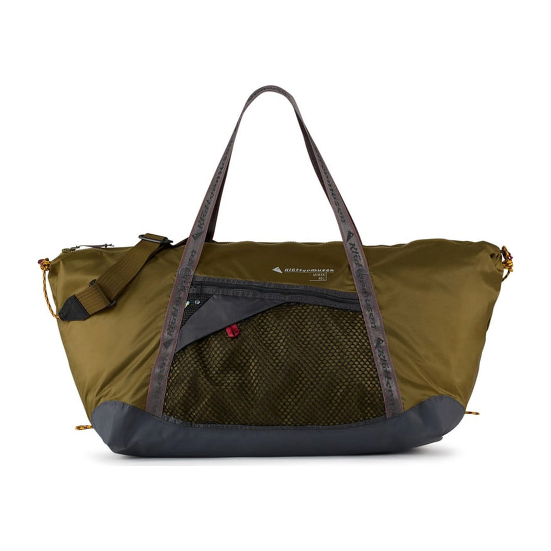 Klättermusen Mimer Duffelbag 40L in Olive, packable duffel bag, front view