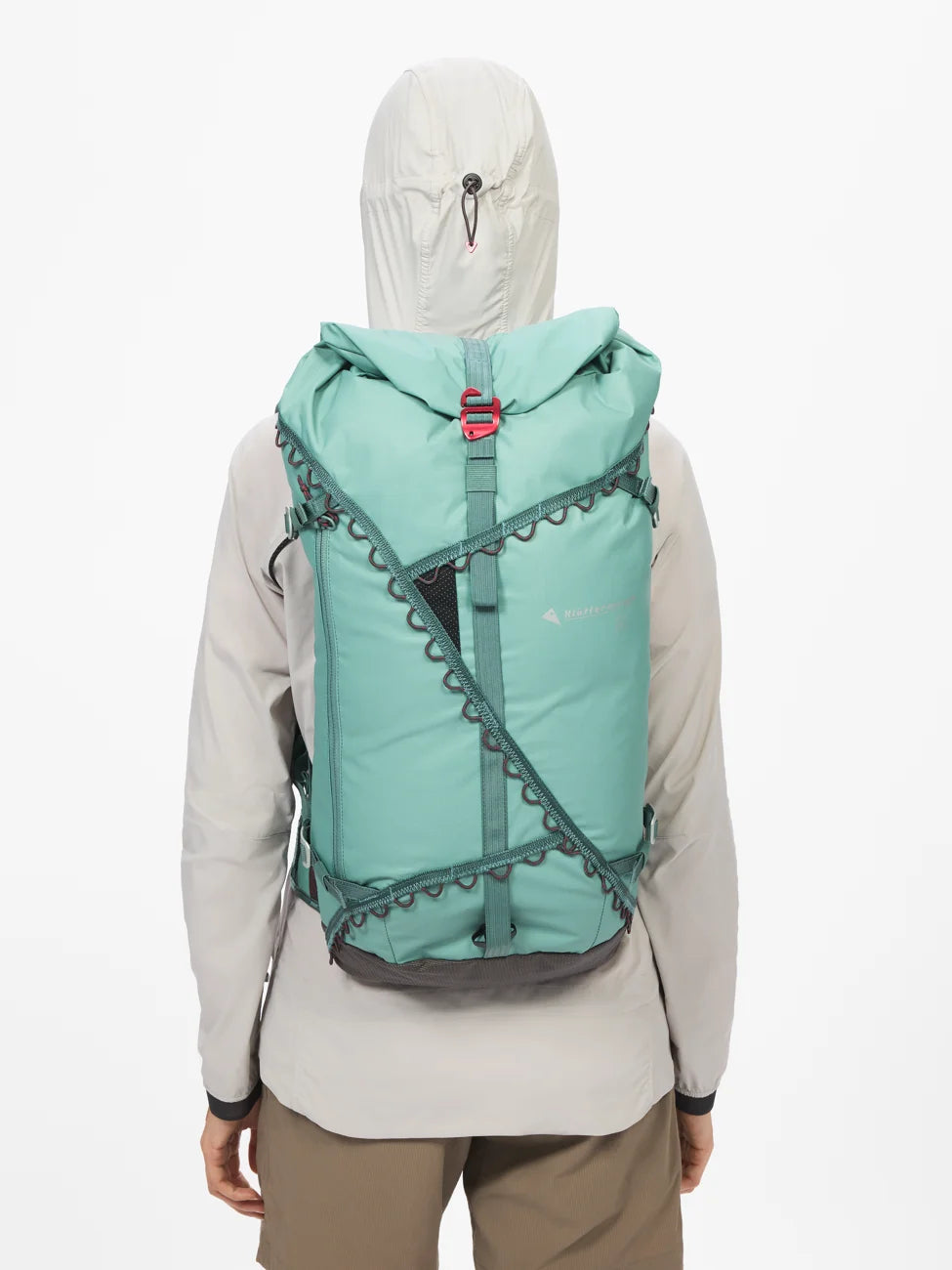 Close back view of the rolltop pack with rain hood up