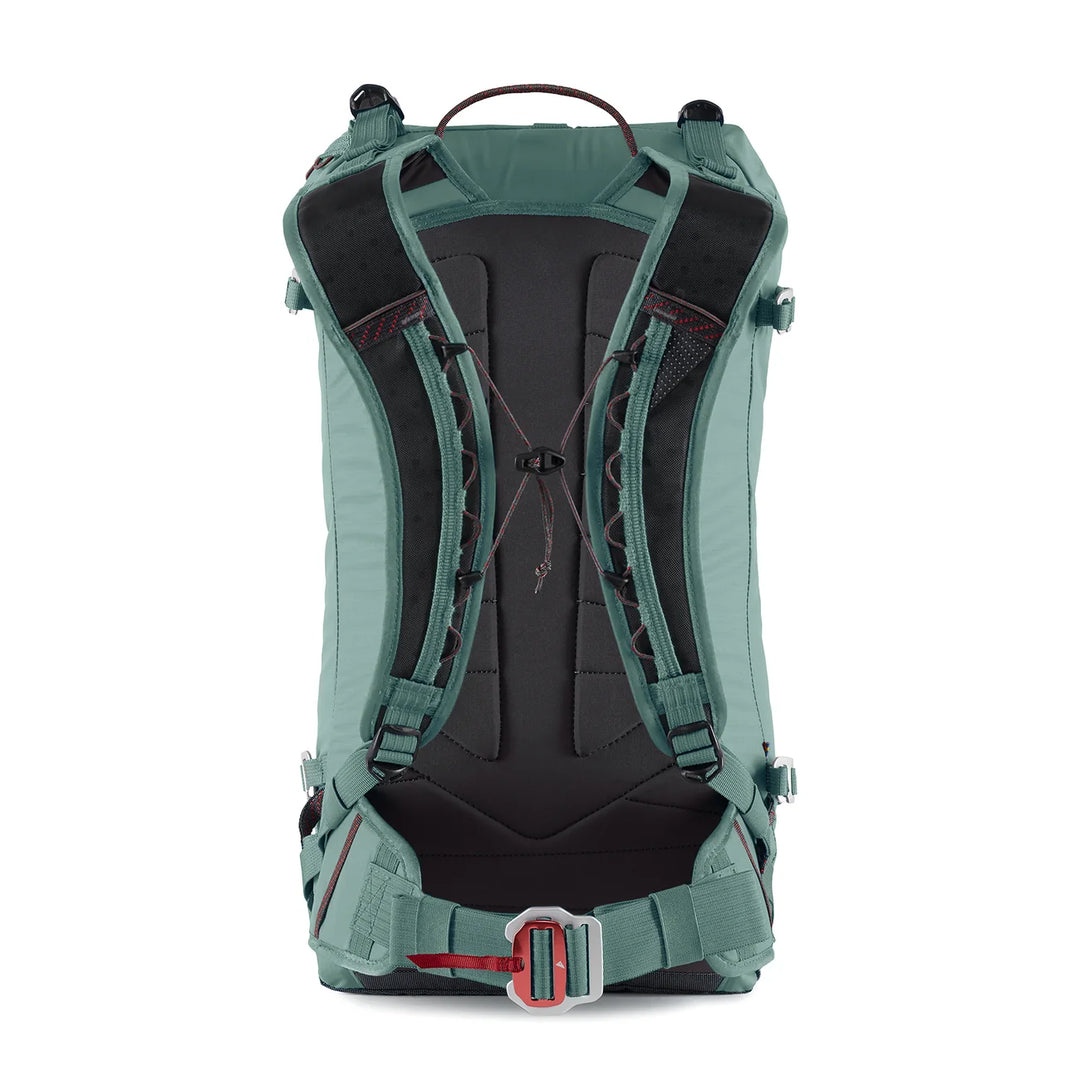 Back panel with ergonomic harness and red hip belt buckle