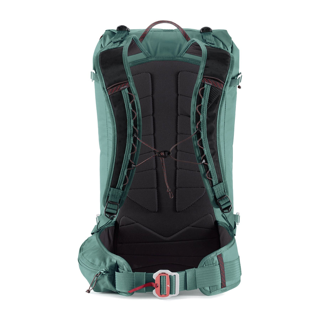 Rear view of the Ull Backpack 30L in jade green with padded shoulder straps and hip belt