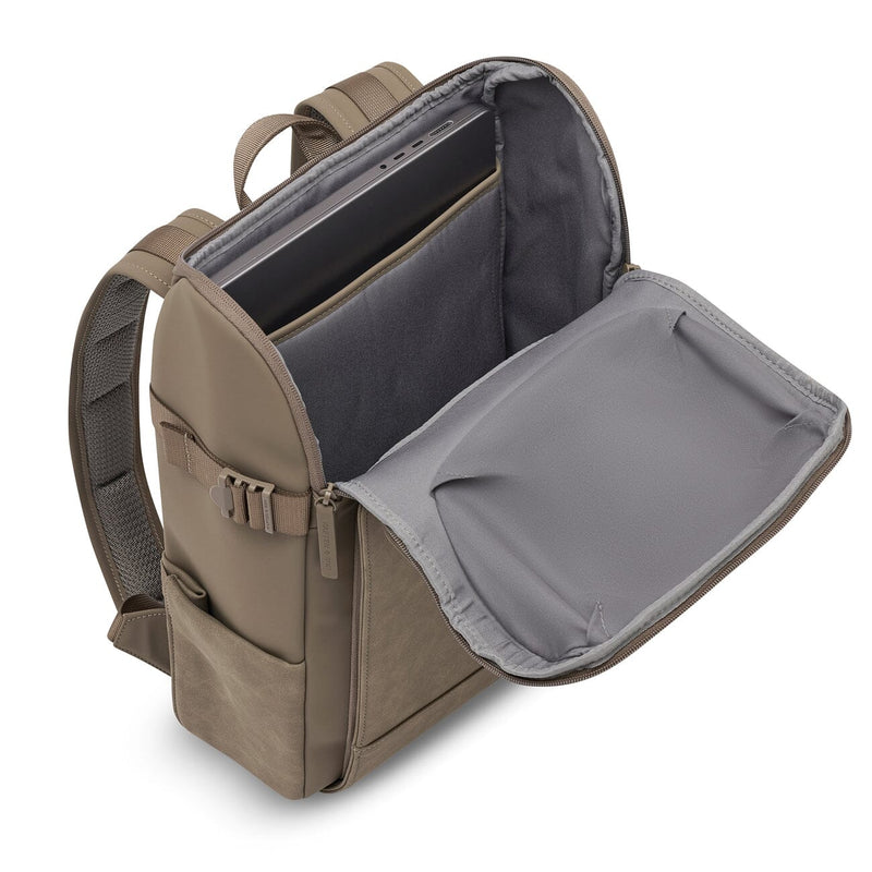 Open top view of the Bali Medium Backpack showing its padded laptop sleeve and soft interior lining