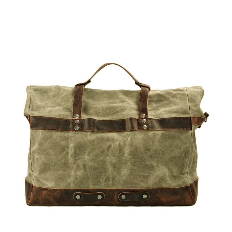  light green waxed canvas duffle bag back view