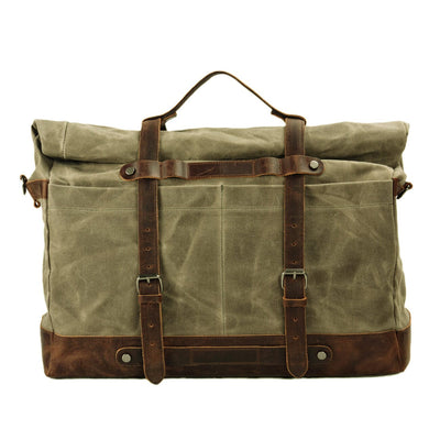light green waxed canvas duffle bag brown full grain leather accents