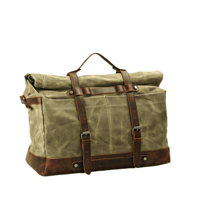 light green waxed canvas duffle bag lateral view