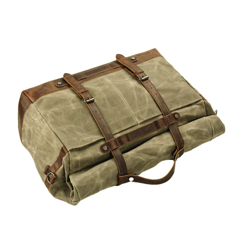 light green waxed canvas duffle bag top view