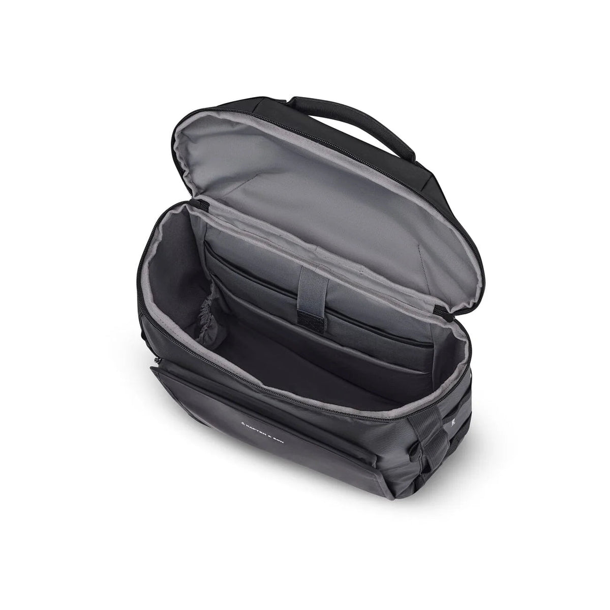 Laptop and tablet sleeves inside the black Lisbon Duffle Backpack Small