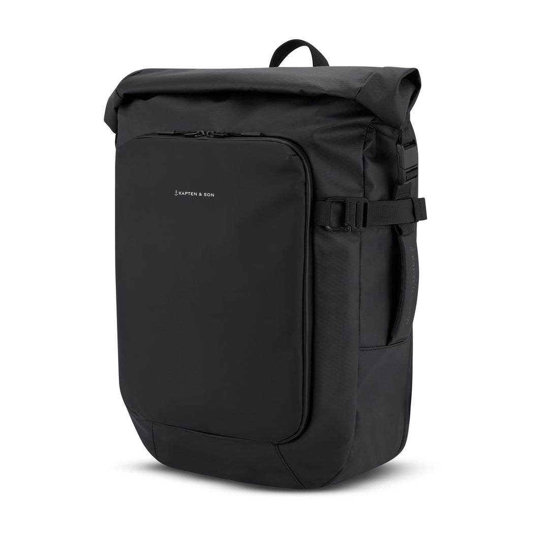 Three-quarter angle showing side buckle and bottle pocket — black