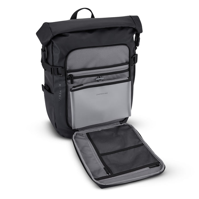 Kapten & Son Lisbon Pro front pocket open showing laptop sleeve and organizer pockets