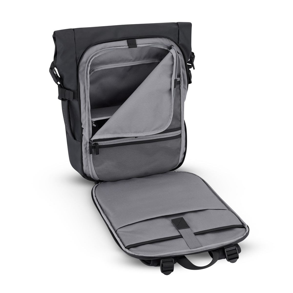 Main compartment open with laptop sleeve, mesh pockets, and organizer
