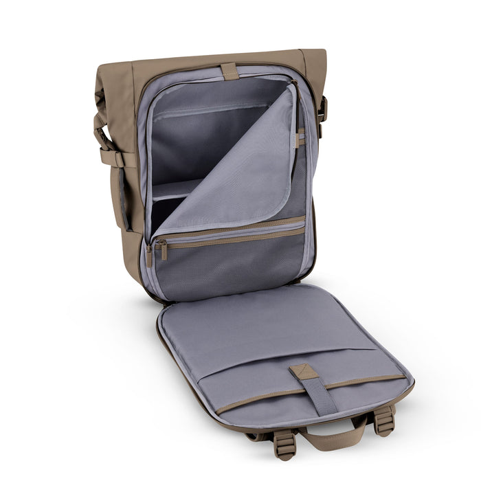 Main compartment open with laptop sleeve and mesh pockets — walnut