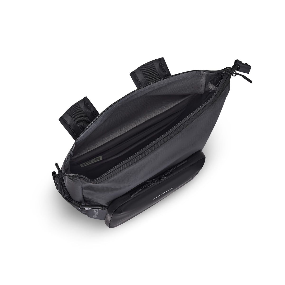 Open top view of the dark-lined interior with internal zip pocket