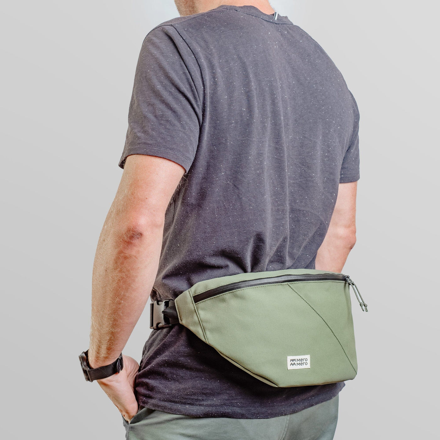 man wearing mero mero hoian recycled bum bag as hip bag