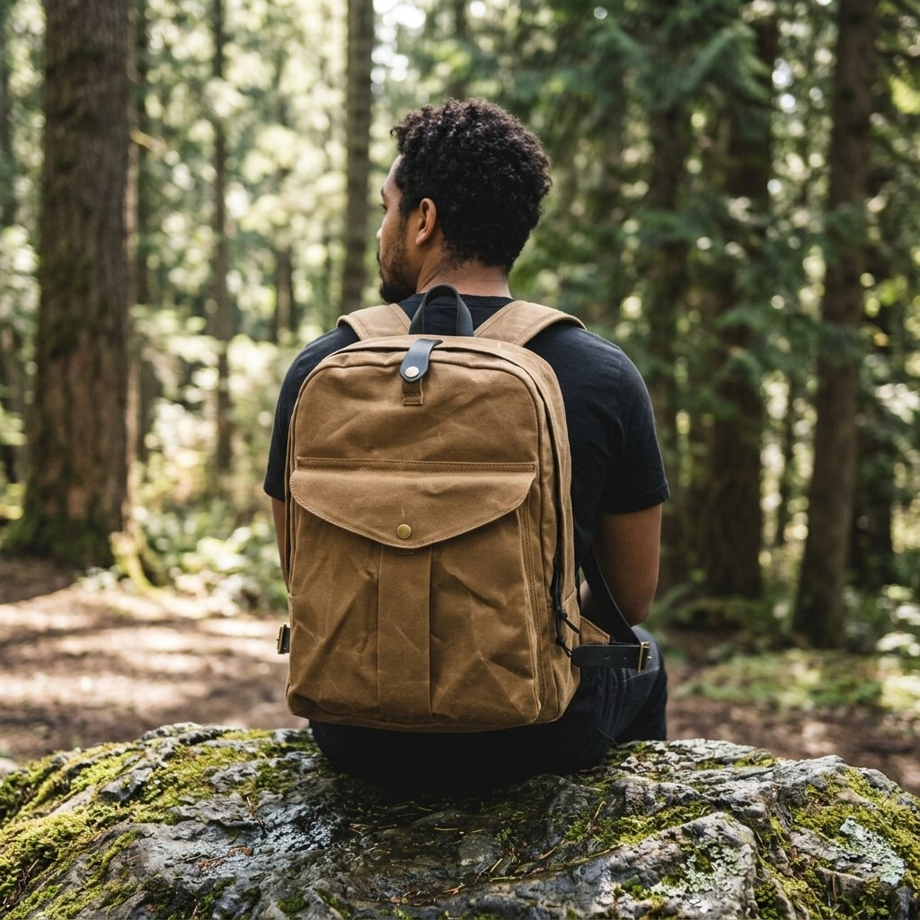 Man wearing the khaki Ystad canvas backpack seen from behind, sitting on a mossy rock in a pine forest, showing the back panel and leather top tab — Eiken Ystad