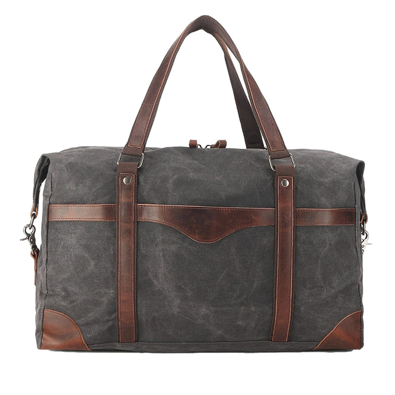 men's canvas duffle bag, grey, waxed canvas and vintage leather