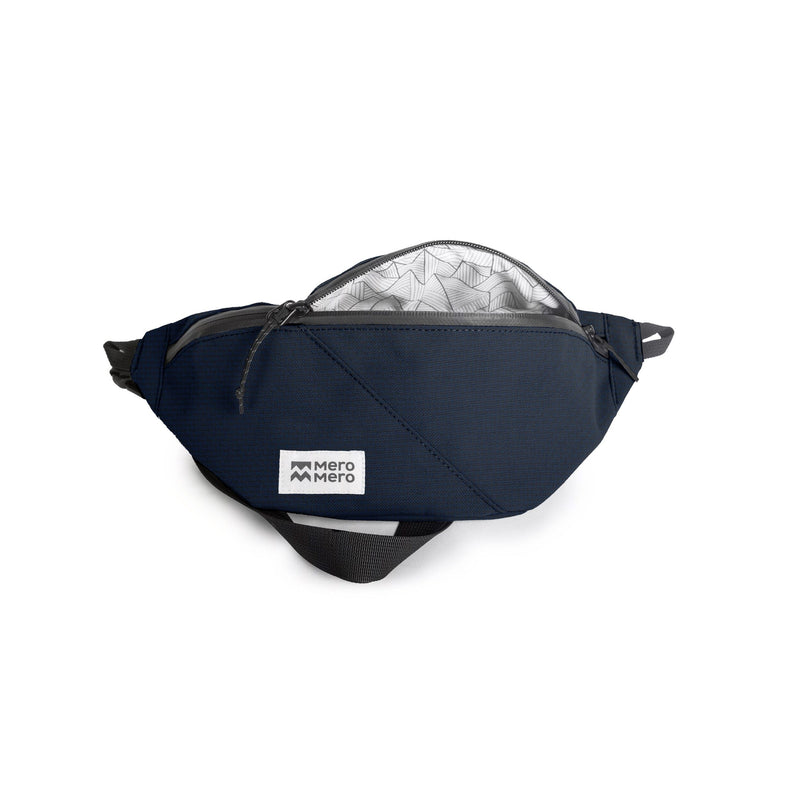 mero mero mini hoian small recycled fanny pack navy color main pocket opened