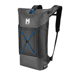 Millet Chamonix 15+5L Black Tarmac — three-quarter front view with blue bungee cords and roll-top closure