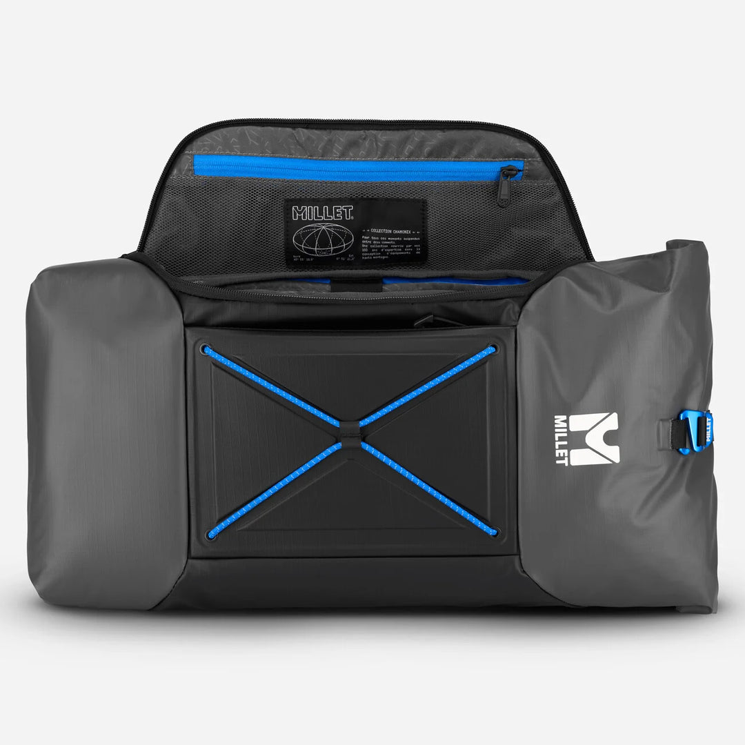 Top opening showing main compartment interior with blue zippered organizer pocket and blue bungee cords