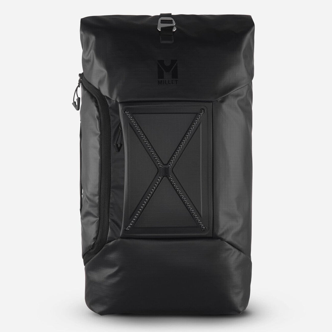 Millet Chamonix 25+5L Black — flat front view with bungee cord attachment system