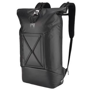Millet Chamonix 25+5L Black — front three-quarter view showing roll-top closure and X-shaped bungee cord system