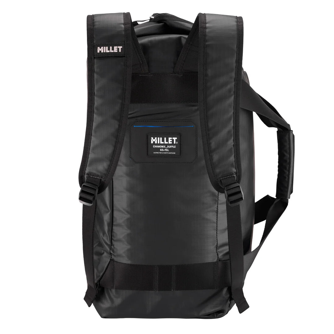 Millet Chamonix Duffle 60+15L Black — back view showing convertible backpack straps and label