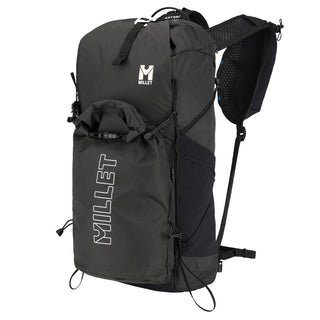 Millet Parmelan 17L Black — three-quarter front view showing drawstring closure and mesh shoulder strap pocket