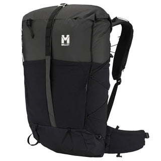 Millet Parmelan 35L Black — three-quarter front view with compression straps and bungee cord
