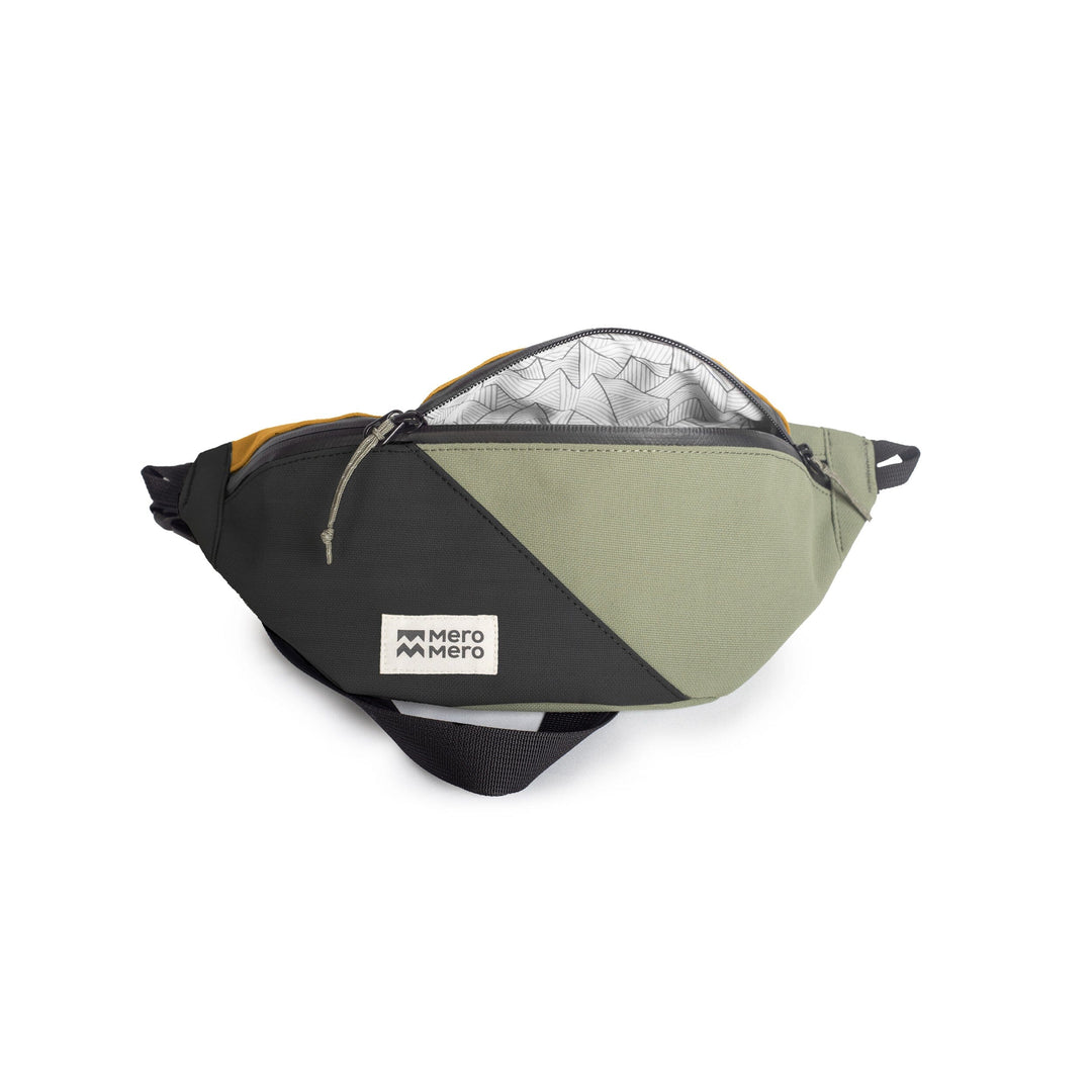 Mini Hoian Fanny Pack in chai tea with main pocket open showing inside