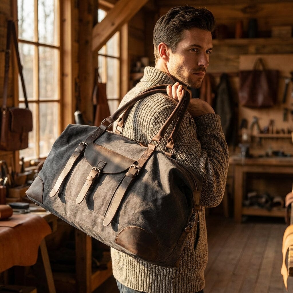 canvas travel bag for men Canvas Overnight Bag - Vintage Canvas & Leather Weekender