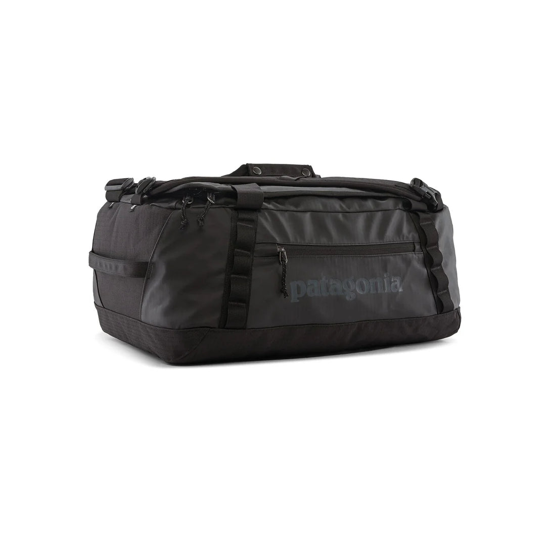 Patagonia Black Hole Duffel 40L Black — three-quarter view with duffel handles and side pocket